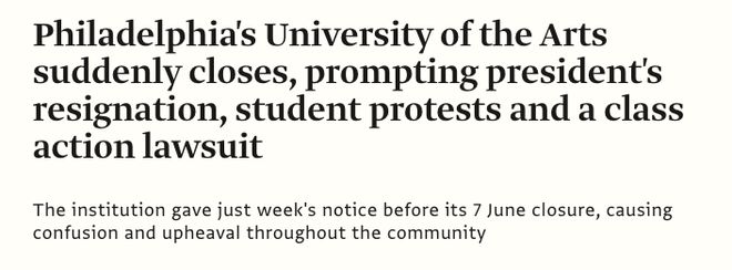 美国费城一所百年艺术大学突然宣布关闭！